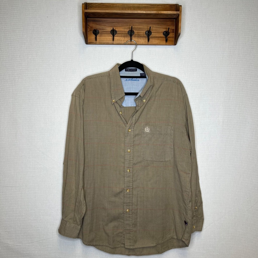 BB Classics‎ Mens Tan Plaid Long Sleeve Button Down Shirt Pure Cotton Size Large